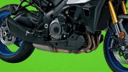 Close-up of a black motorcycle engine and exhaust with blue wheels and gold front forks against a green background.