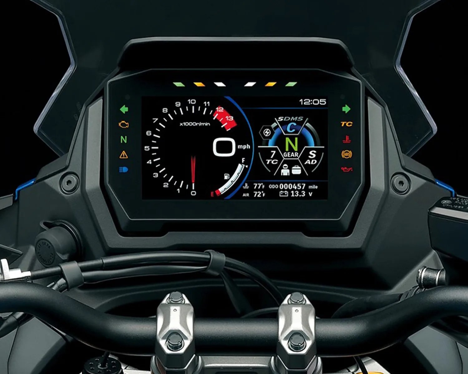 Motorcycle digital dashboard display showing speedometer, tachometer, gear indicator, and various warning lights.