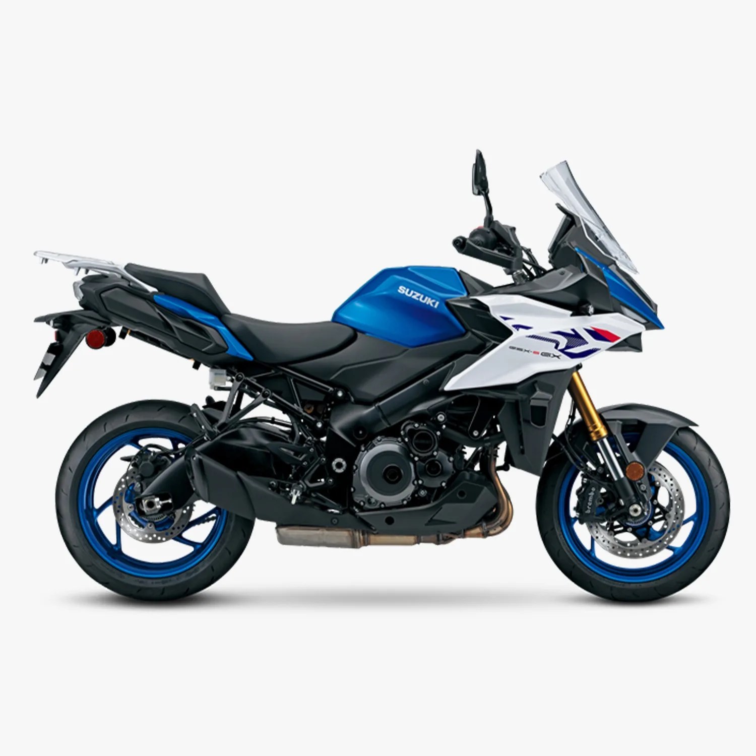 Blue and white Suzuki GSX-S1000GT sport touring motorcycle with black frame and blue rims on a white background.