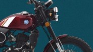 Close-up of a maroon motorcycle fuel tank with AJS logo and front wheel against a teal background.