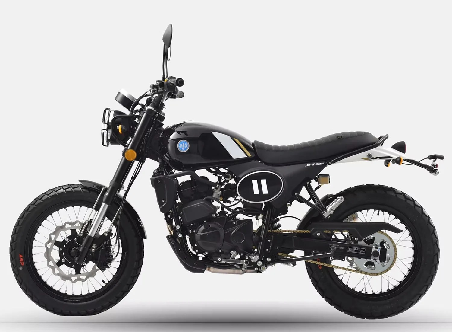 Black retro-style motorcycle with knobby tires, round headlight, and a quilted seat.