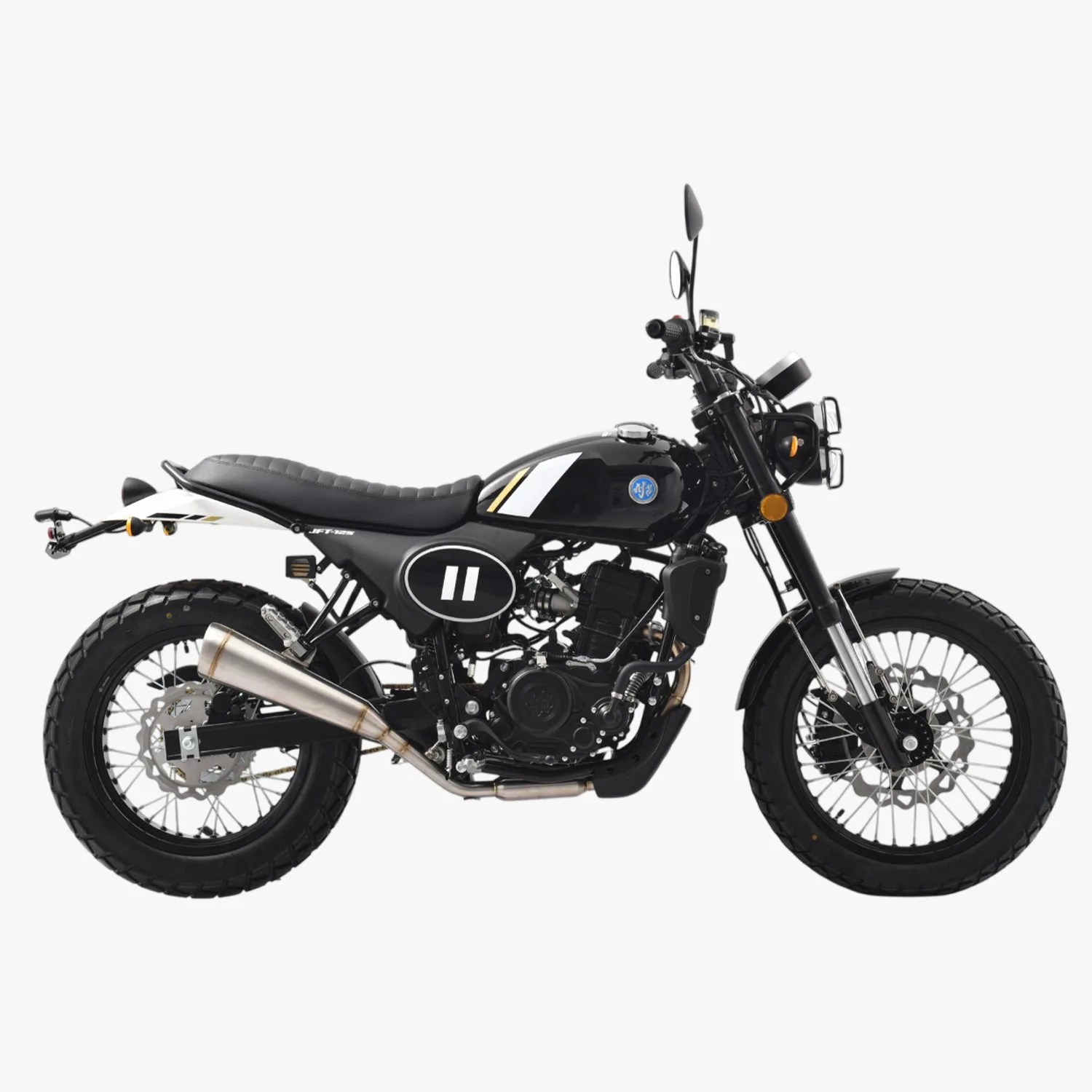 Black and white scrambler-style motorcycle with knobby tires and a stainless steel exhaust.