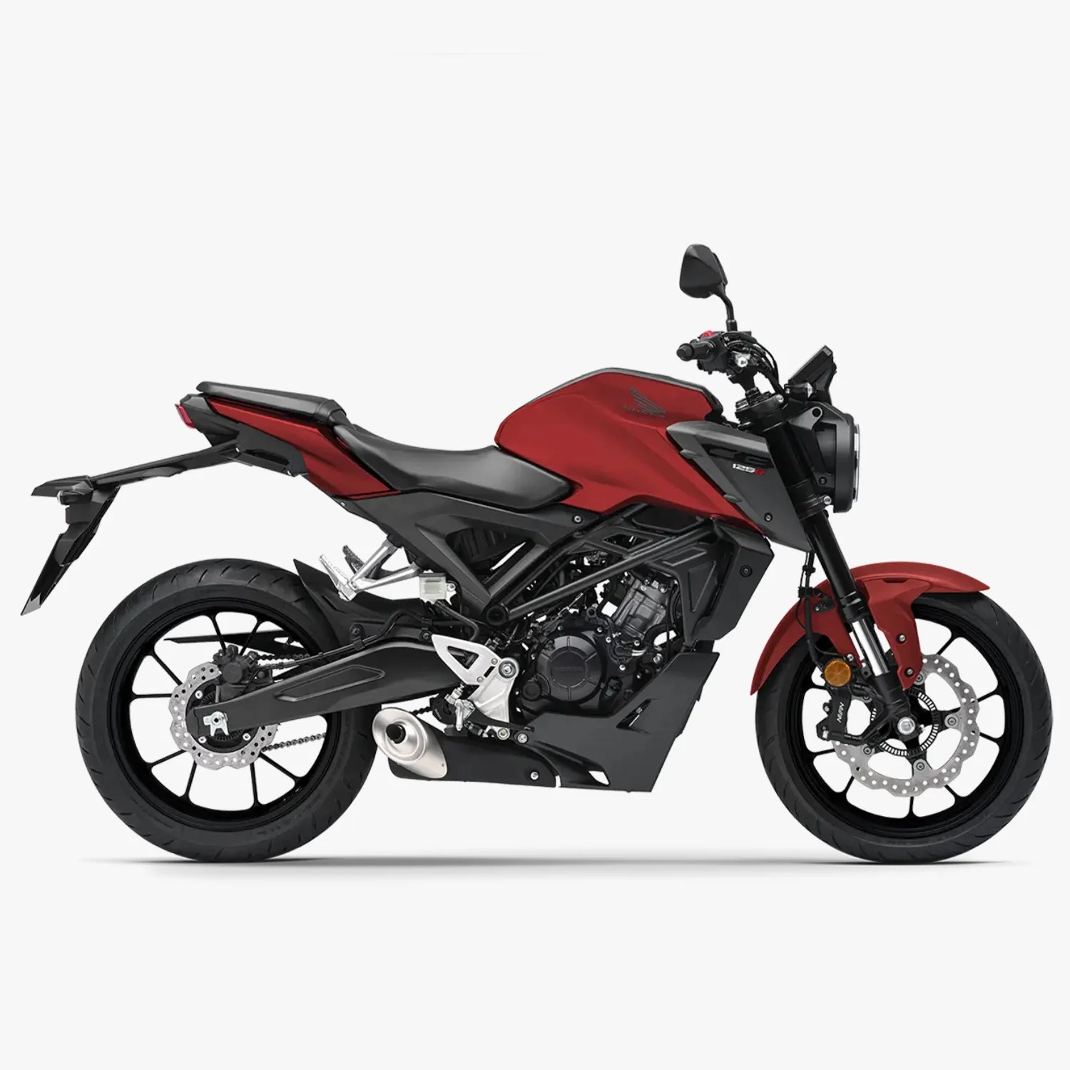 Red and black Honda CB125R motorcycle with black wheels and disc brakes on a white background.