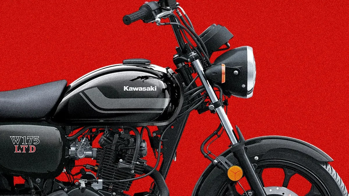 Black Kawasaki W175 LTD motorcycle with chrome accents against a red background.