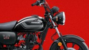 Black Kawasaki W175 LTD motorcycle with chrome accents against a red background.