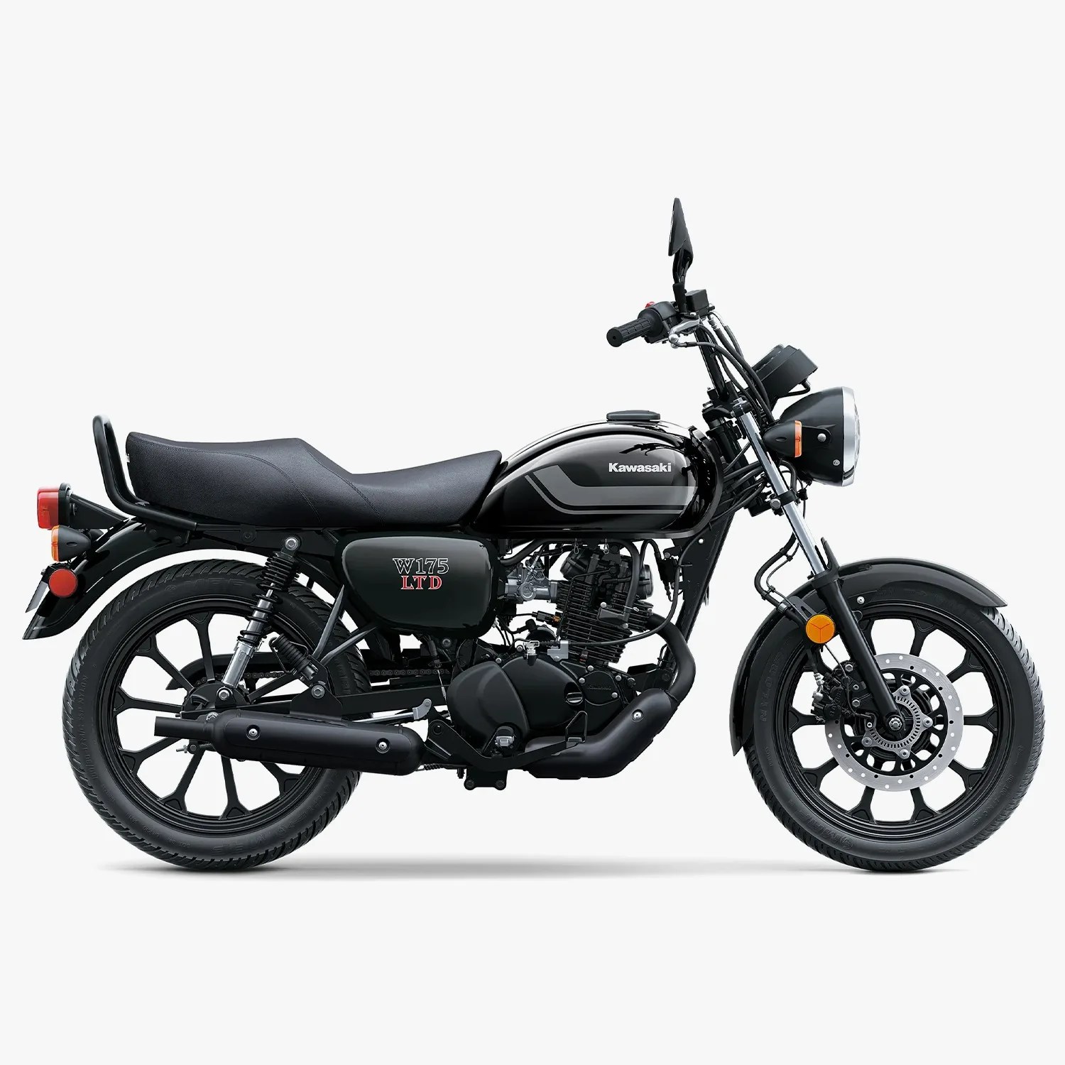 Black Kawasaki W175 LTD motorcycle with a retro design and black alloy wheels on a white background.