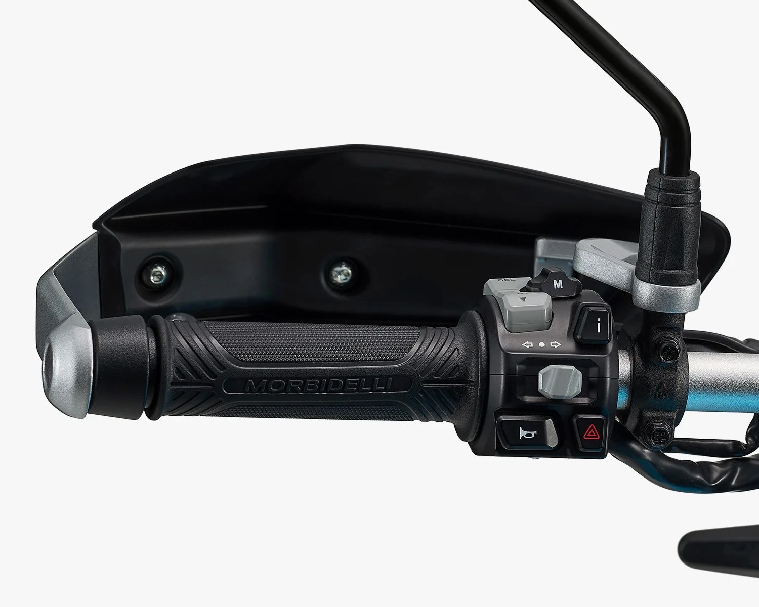 Black Morbidelli motorcycle handlebar grip with integrated control switches and a rearview mirror attached.