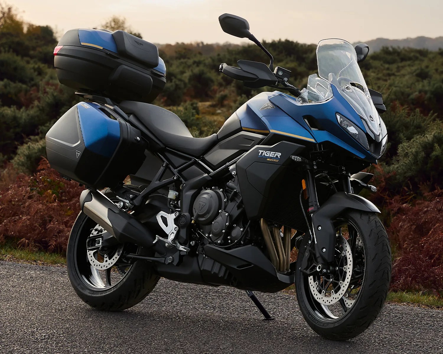 Blue and black Triumph Tiger sport touring motorcycle with hard side and top luggage cases parked on a road.
