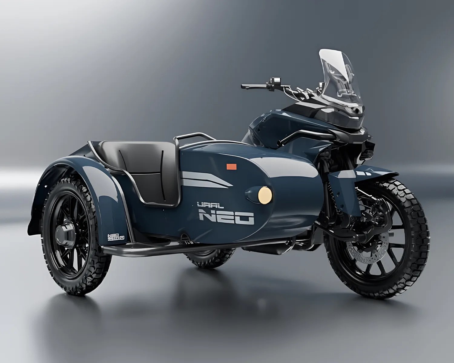 Dark blue Ural NEO motorcycle with sidecar and clear windshield on a gray reflective surface.