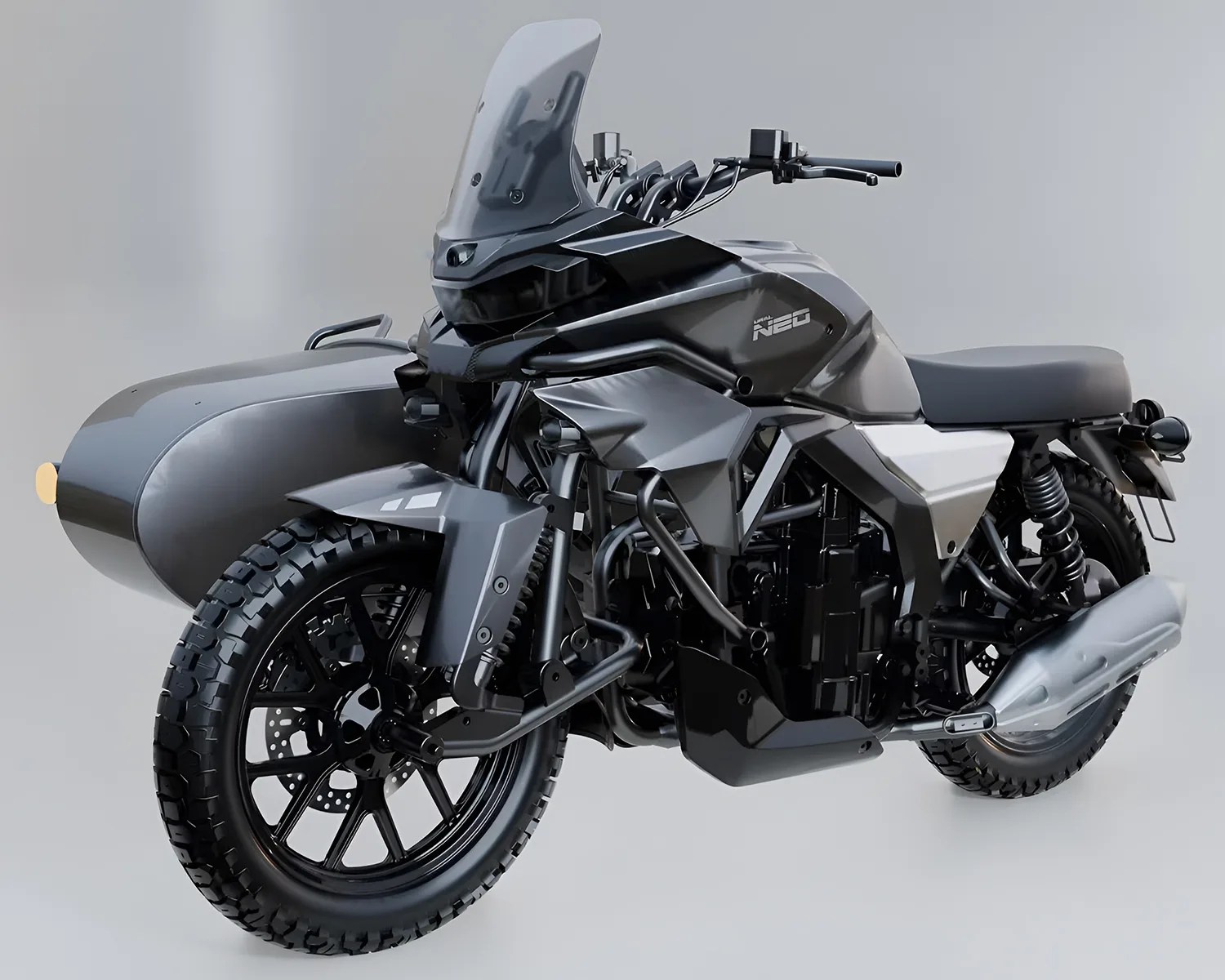 Matte black and gray motorcycle with sidecar and knobby tires on a plain background.