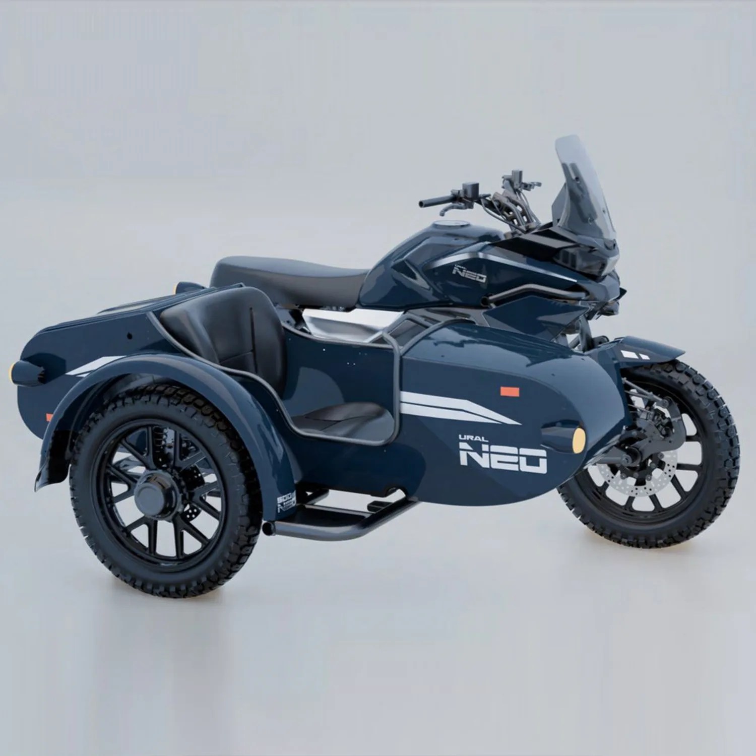 Dark blue Ural NEO motorcycle with sidecar and knobby tires on a light gray background.