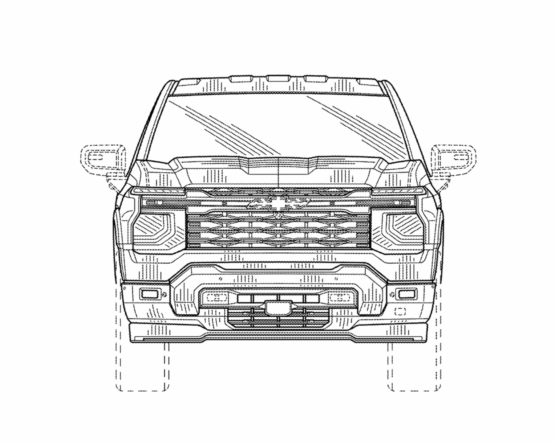 Front line drawing of a Chevrolet pickup truck showing grille, headlights, and side mirrors.