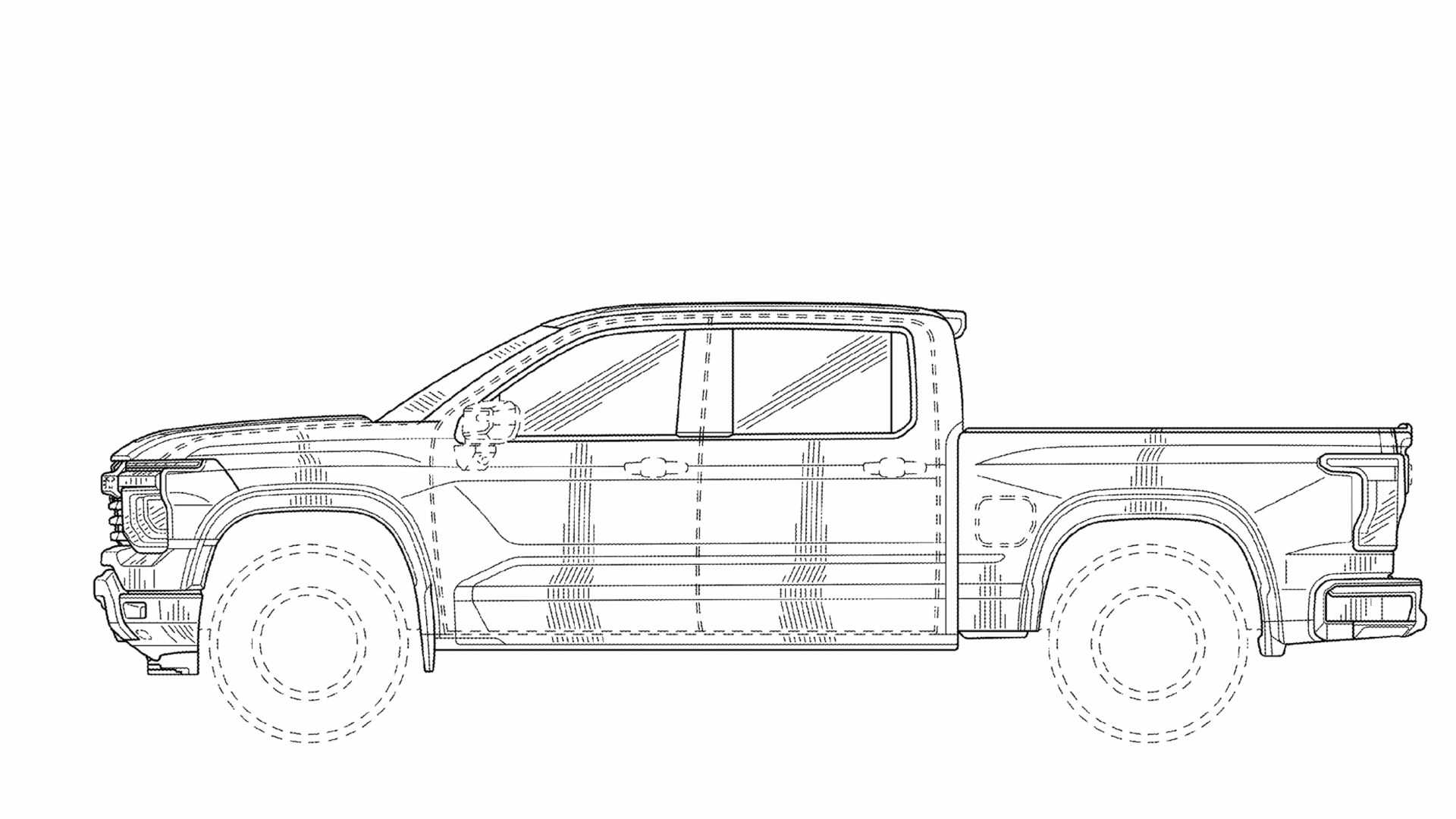 Side view technical line drawing of a crew cab pickup truck with detailed body contours and window outlines.
