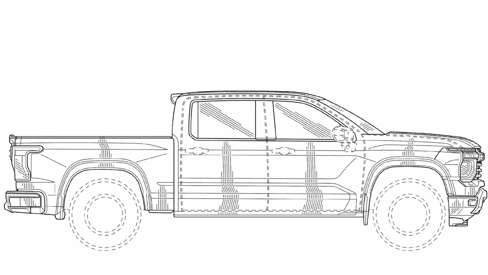 Line drawing of a crew cab pickup truck side profile with detailed outlines of doors, windows, wheels, and front grille.
