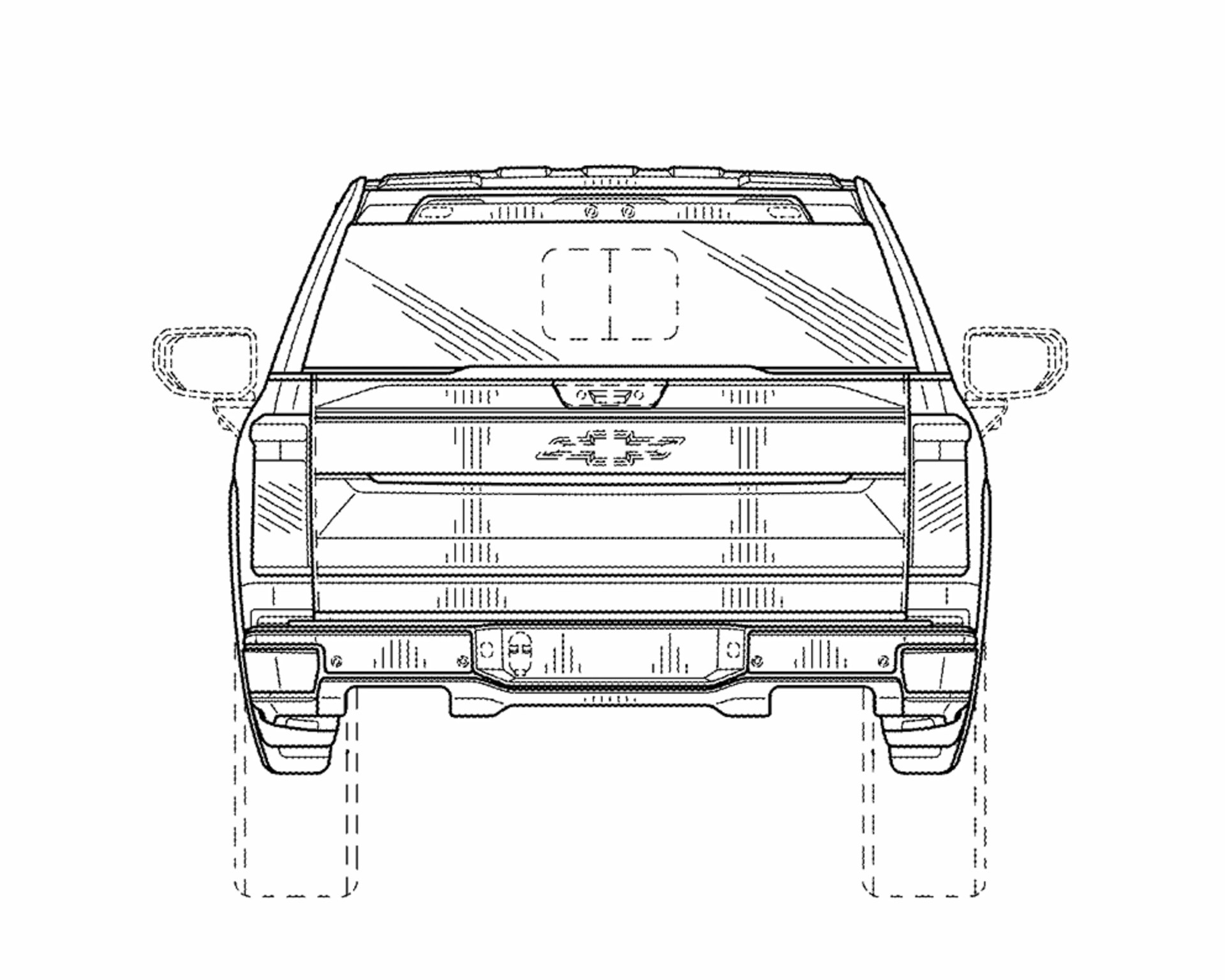 Technical line drawing of the rear view of a pickup truck with outlined side mirrors and wheels.