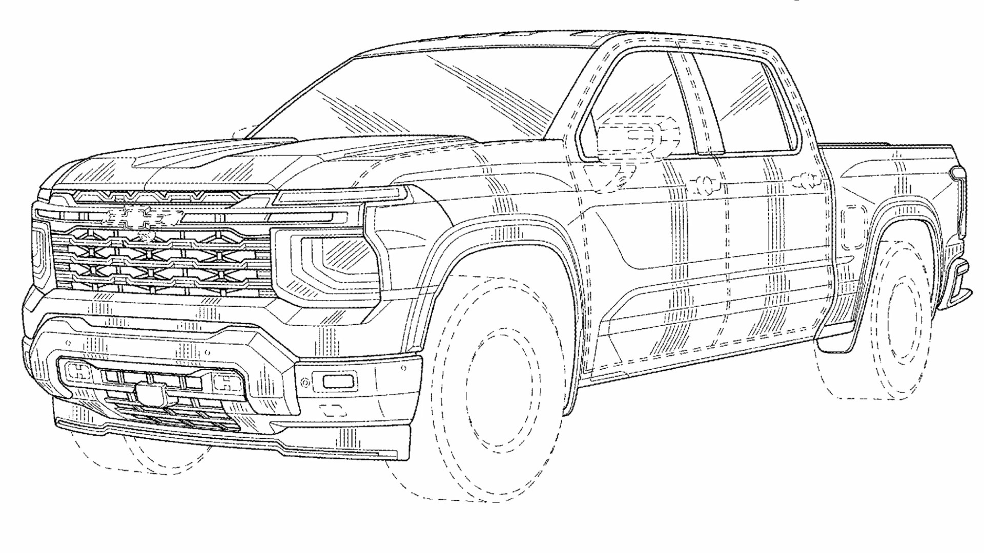 Line drawing of a modern crew cab pickup truck viewed from the front left angle.