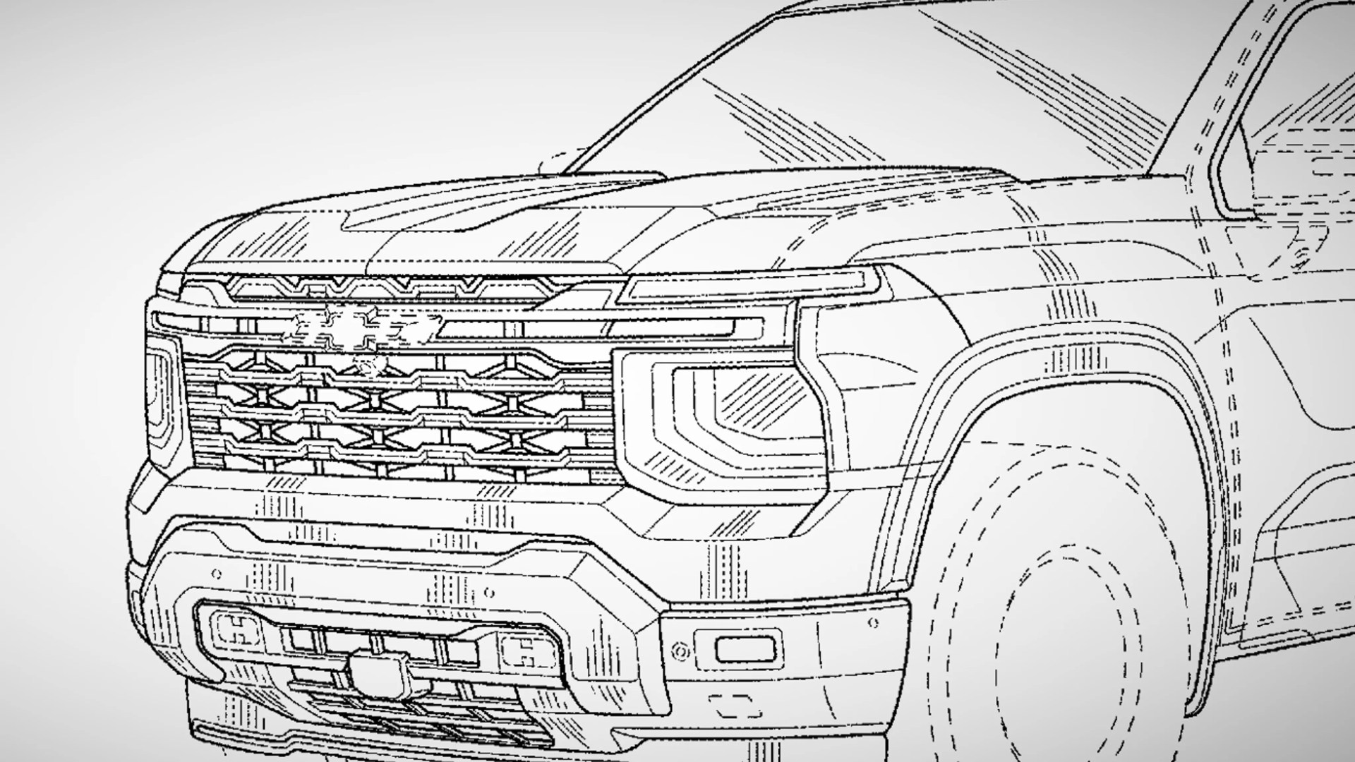 Line drawing of the front and side of a pickup truck with a detailed grille and headlight design.