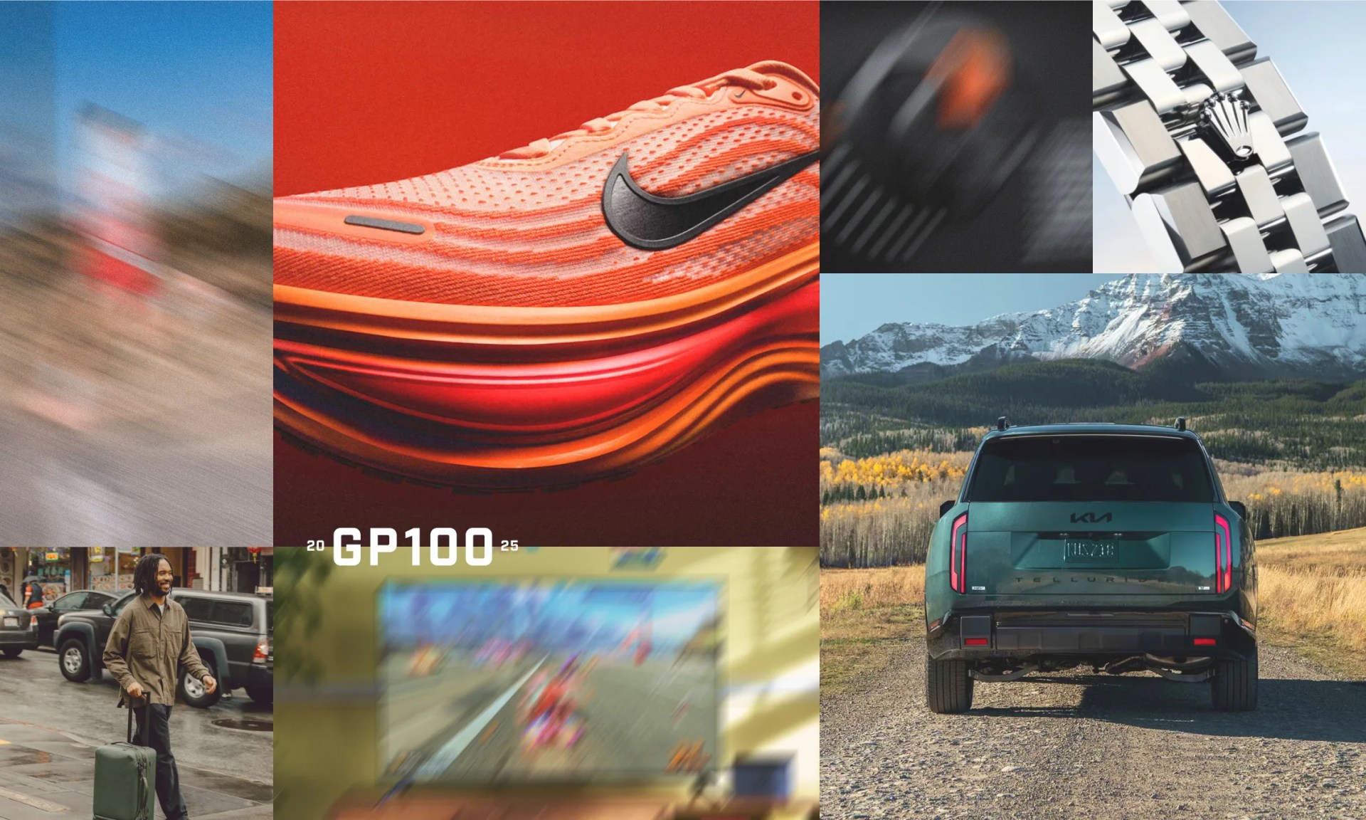 Collage featuring a close-up of an orange Nike sneaker sole, a green Kia Telluride SUV rear view in a mountainous landscape, a man walking with a suitcase on a city street, a blurred video game screen with "GP100" text, a close-up of a silver watch bracelet with a crown logo, and a blurred image of a black object with an orange detail.