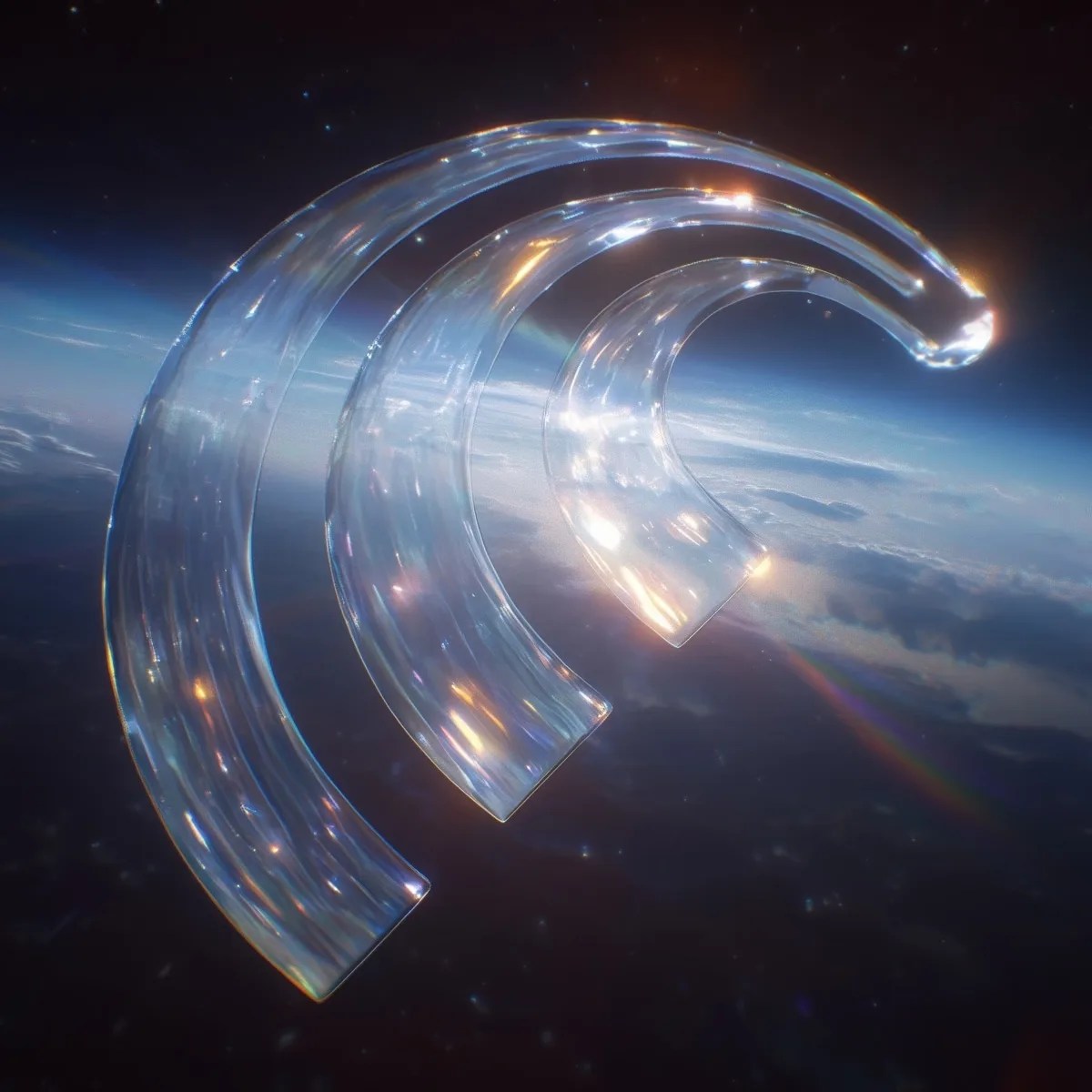 Three large, translucent, curved, glass-like structures floating above Earth in space.