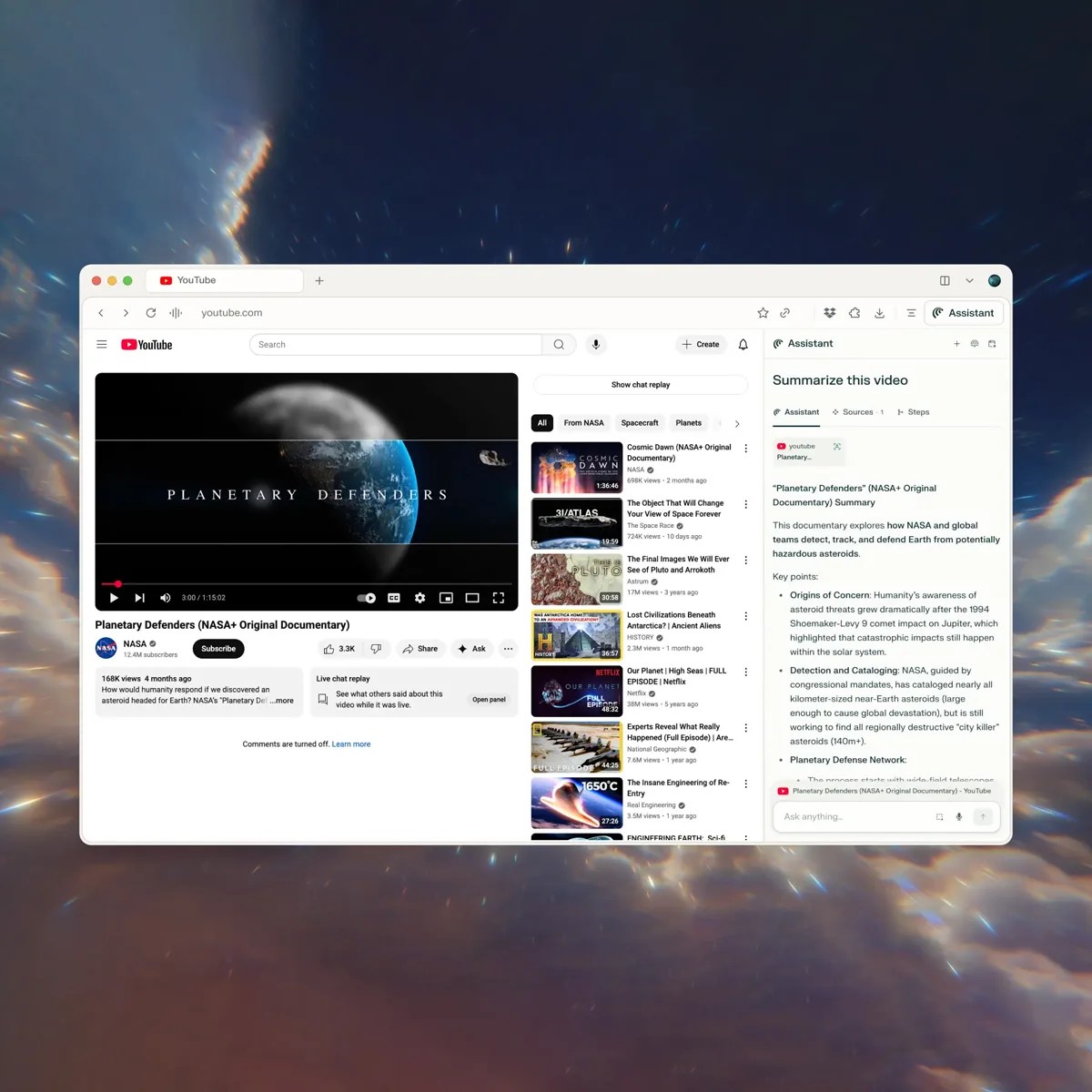 Browser window showing a YouTube video titled "Planetary Defenders (NASA+ Original Documentary)" with an AI assistant summarizing the video on the right side.