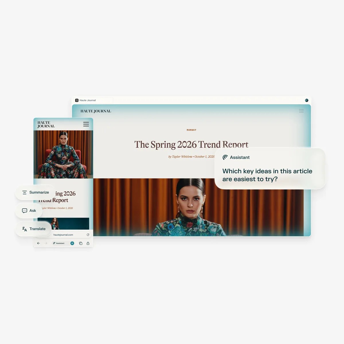 Webpage titled "The Spring 2026 Trend Report" from Haute Journal shown on desktop and mobile with assistant options to summarize, ask, and translate.