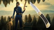 Folded Buck 110 hunting knife with wooden handle and brass bolsters superimposed over a person in a blue jumpsuit holding a rifle and standing next to a dog.