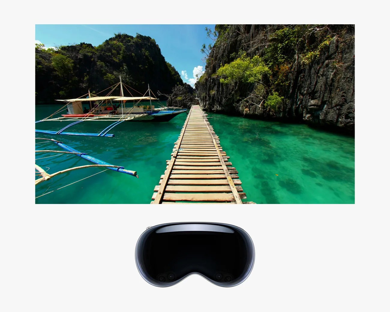 Virtual reality headset with a black visor below a screen showing a tropical wooden pier and boats over clear turquoise water.