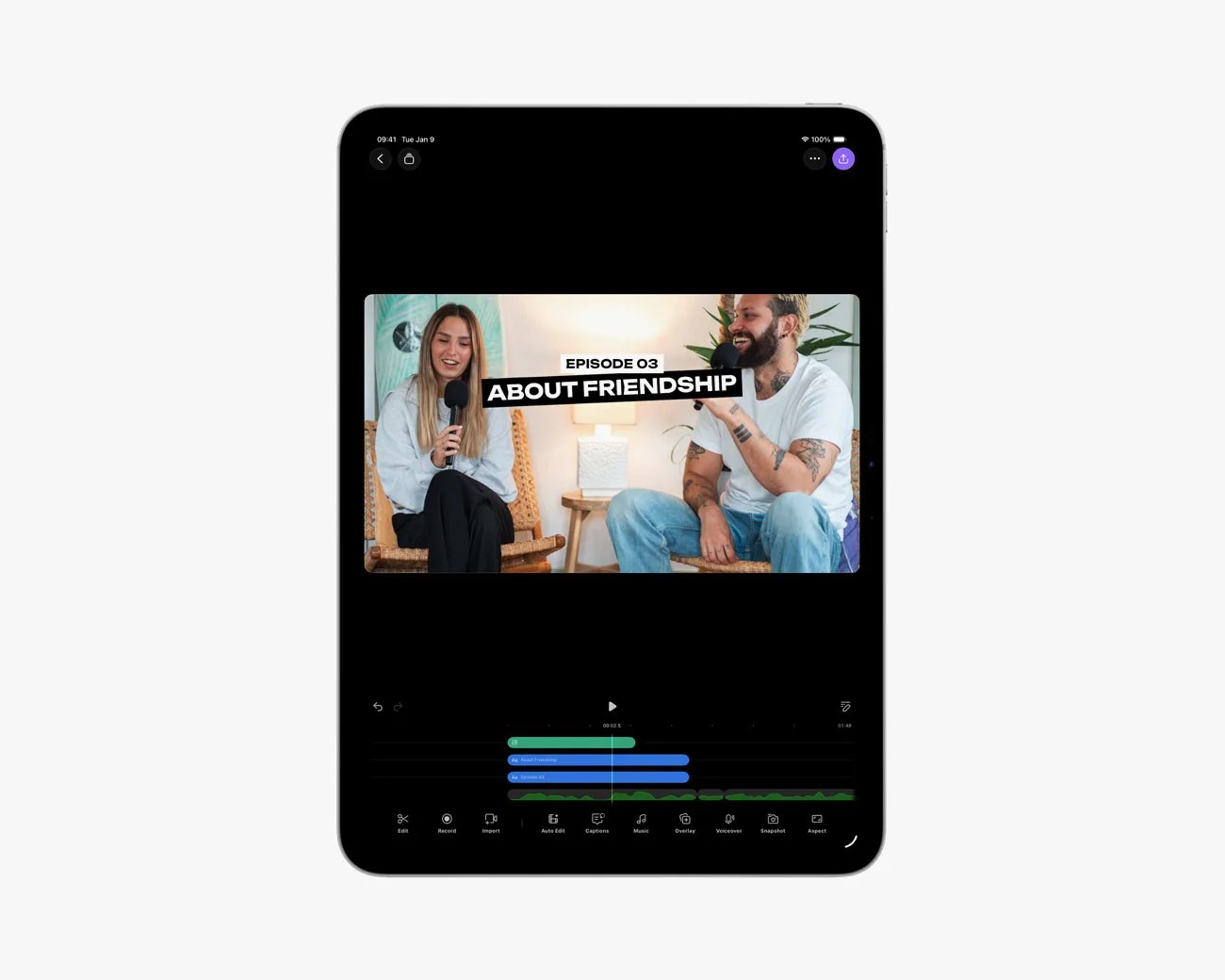 Tablet screen showing a video editing app with a podcast episode titled "About Friendship" featuring two people sitting and talking.