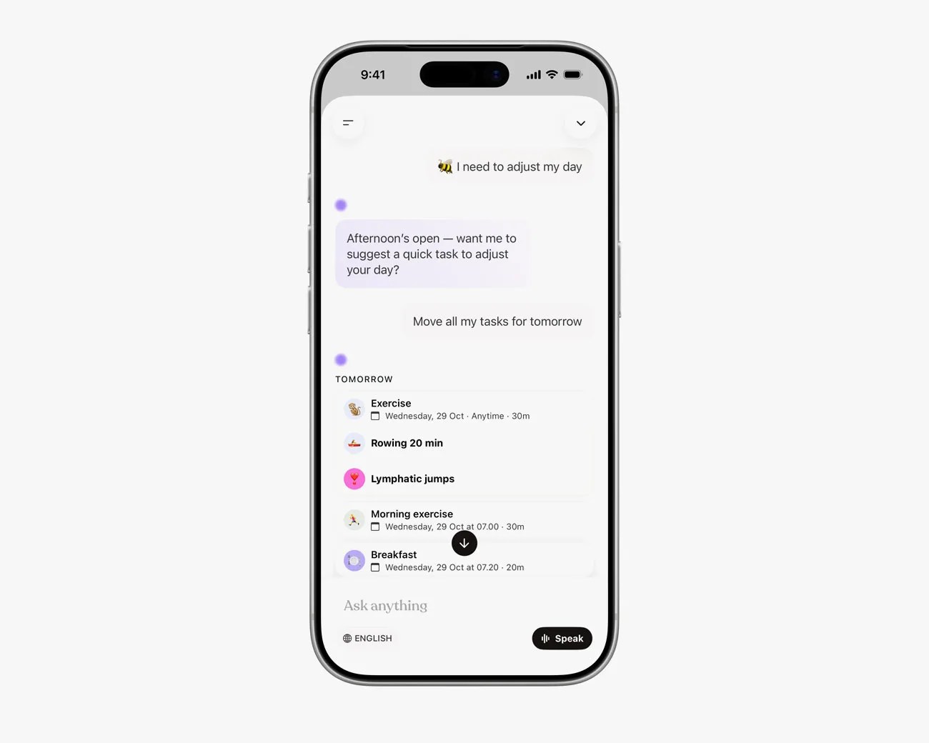 Smartphone screen showing a task management app with a conversation about adjusting the day and a list of tasks for tomorrow including exercise, rowing, lymphatic jumps, morning exercise, and breakfast.