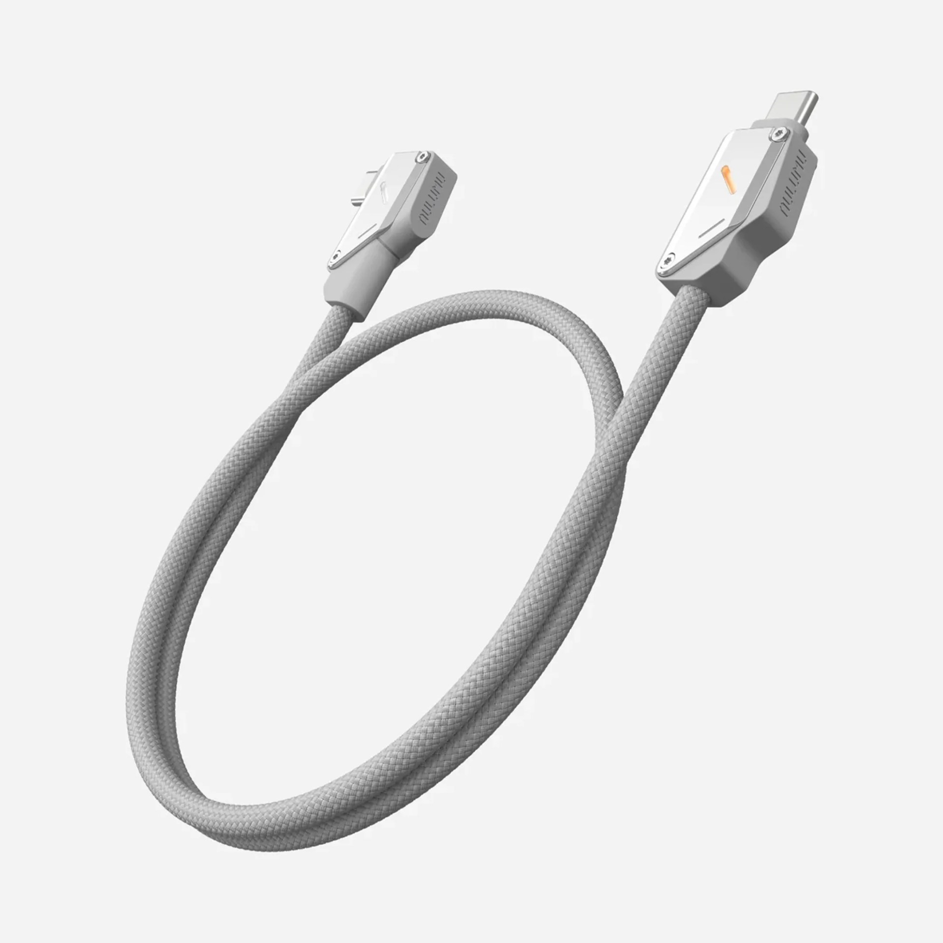 Gray braided USB-C to USB-C cable with angled metal connectors and an orange indicator light on one end.