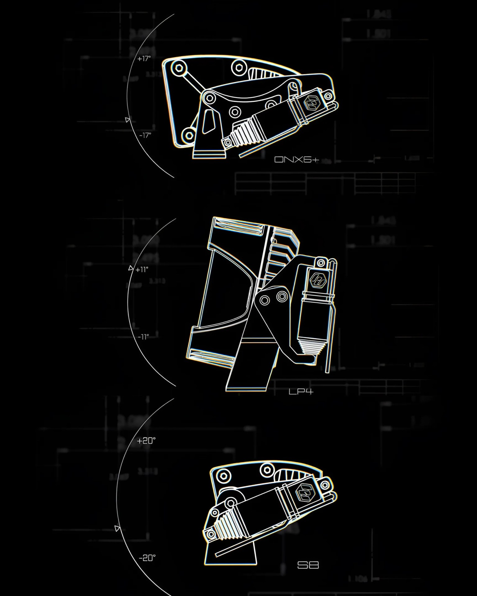 Technical line drawings of three mechanical components labeled ONX6+, LP4, and S8, each with angular rotation ranges indicated.