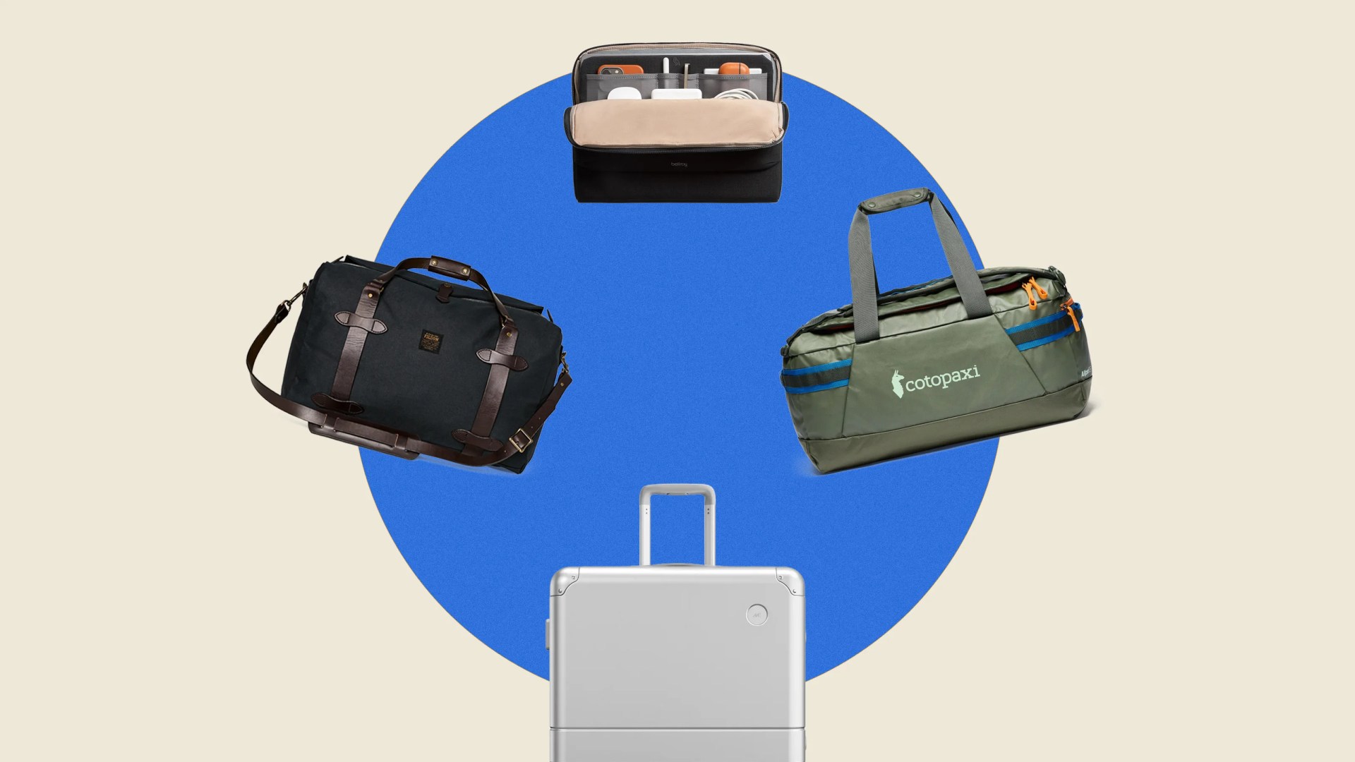 Black leather and canvas duffel bag with shoulder strap, green Cotopaxi duffel bag with blue stripes, silver hard-shell suitcase with handle, and black organizer pouch with tech accessories.
