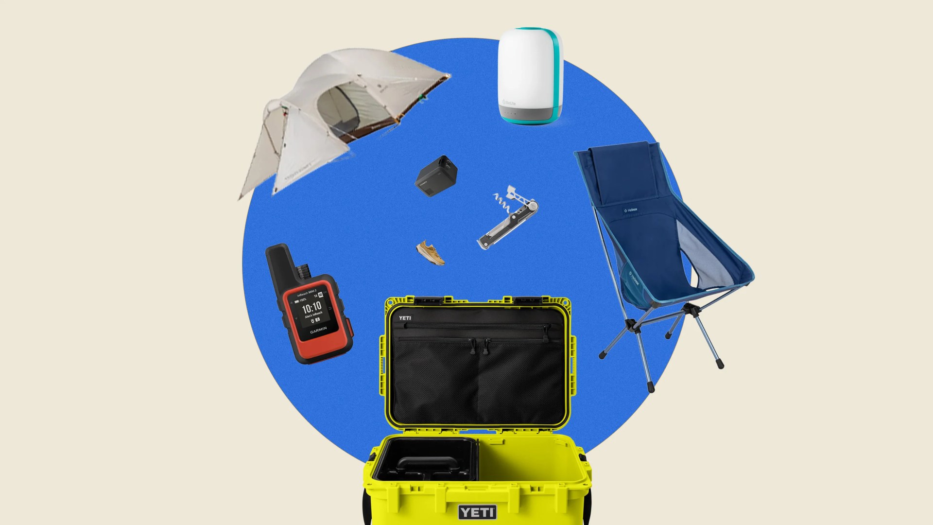 Yellow YETI cooler with black interior pockets surrounded by a blue camping chair, white tent, orange Garmin device, white lantern, black camera, corkscrew, and small brown shoe.