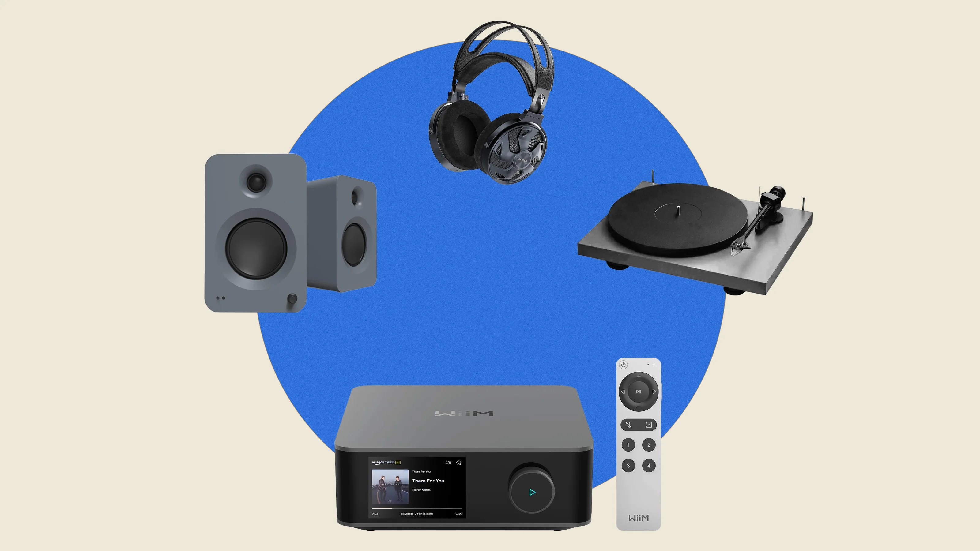 Compact gray audio system with touchscreen, white remote, black headphones, gray speakers, and a turntable on a blue circle background.