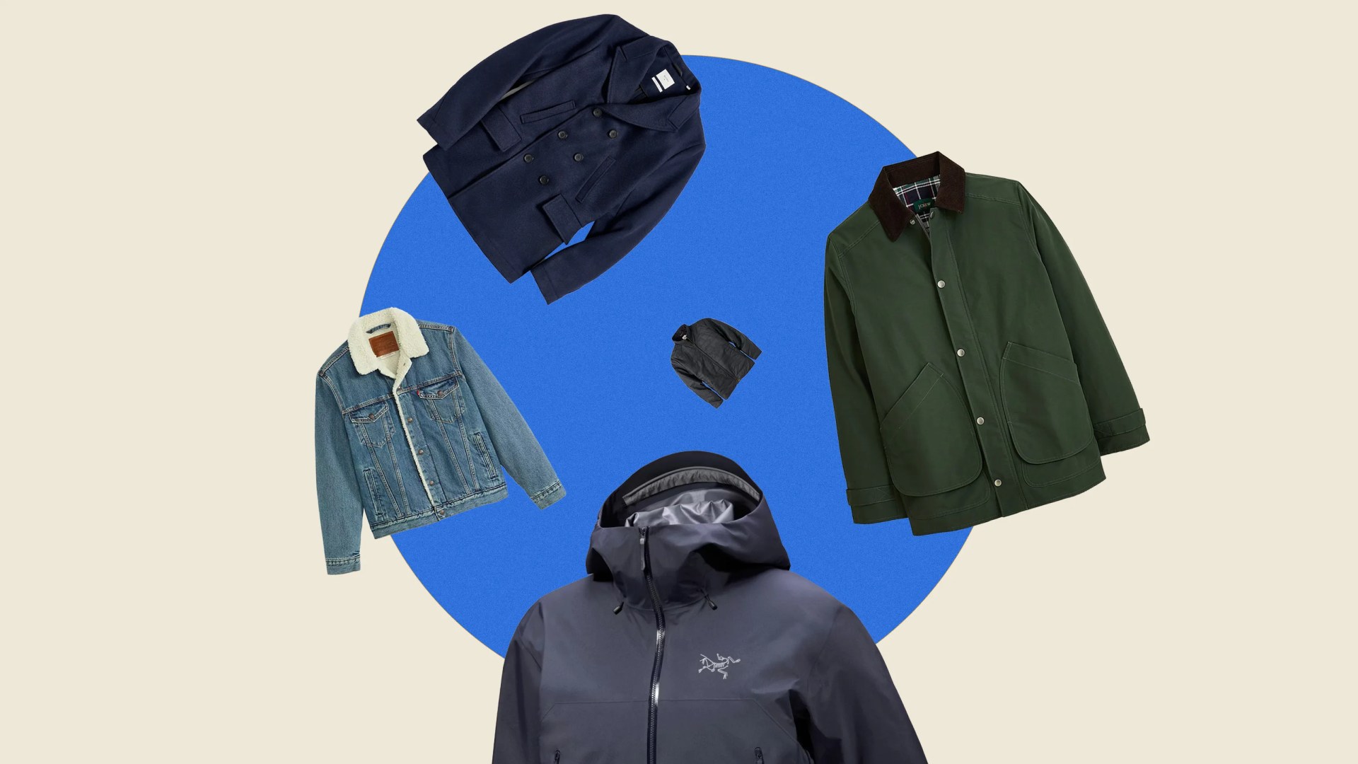 Five jackets including a navy pea coat, green jacket with brown collar, blue denim jacket with white fleece collar, black puffer jacket, and dark gray hooded rain jacket.
