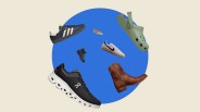 Seven different shoes including a black and white running shoe, brown leather boot, green Crocs, black sneaker, white and blue Nike sneaker, black ankle boot, and beige flat shoe on a blue circle background.