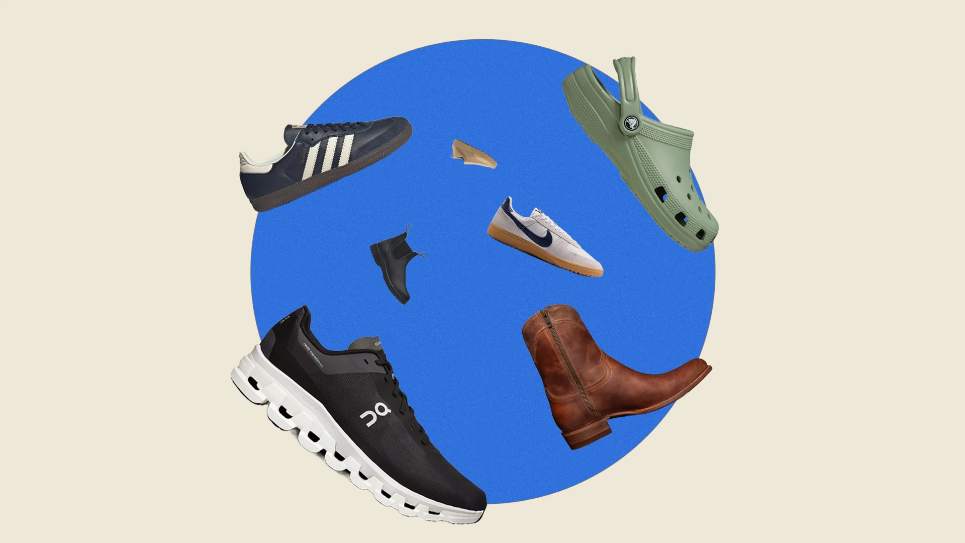 Seven different shoes including a black and white running shoe, brown leather boot, green Crocs, black sneaker, white and blue Nike sneaker, black ankle boot, and beige flat shoe on a blue circle background.