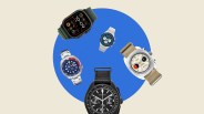 Five wristwatches including a black Bulova chronograph, a silver Seiko diver, a silver Timex chronograph, a beige strap Vaer chronograph, and a black smartwatch with green strap.