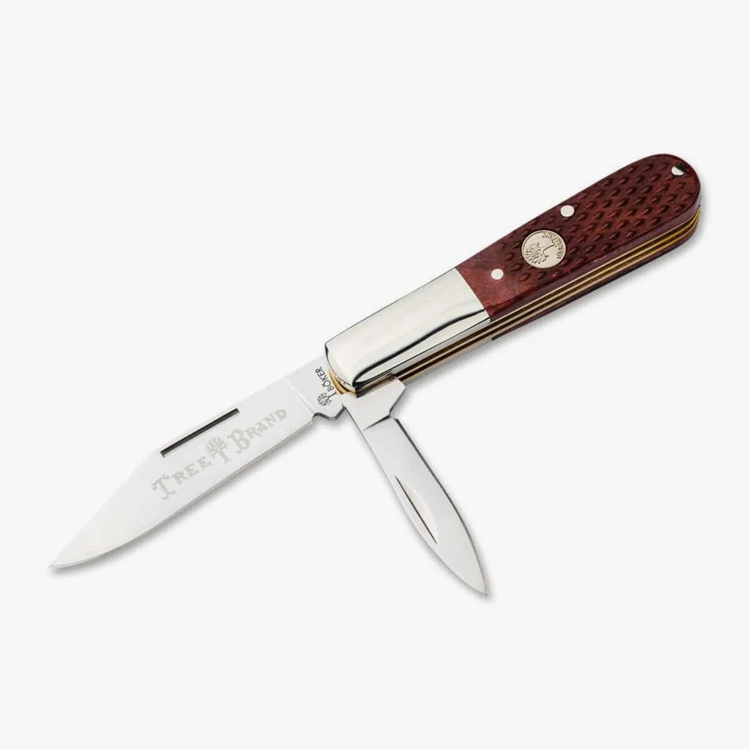 Pocket knife with two stainless steel blades and a textured brown wooden handle with metal bolsters.