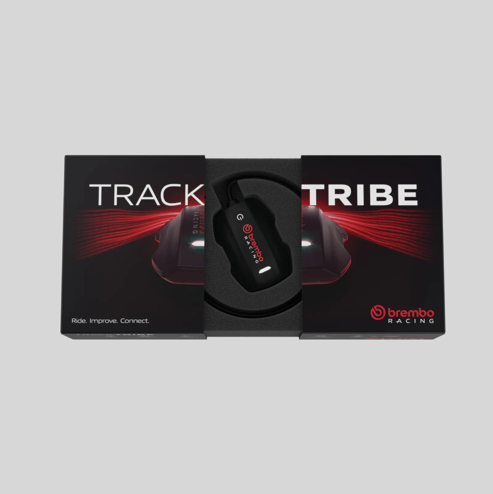 Brembo Racing Track Tribe device in black with red logo inside black foam packaging and black box with red design.