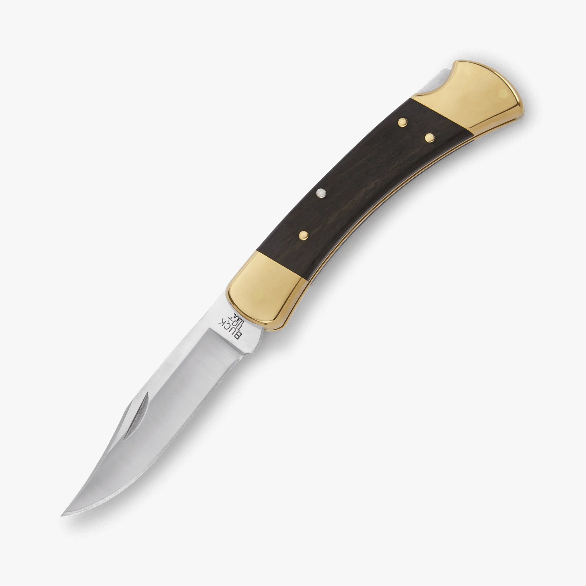 Folding pocket knife with a stainless steel blade, dark wooden handle, and brass bolsters.