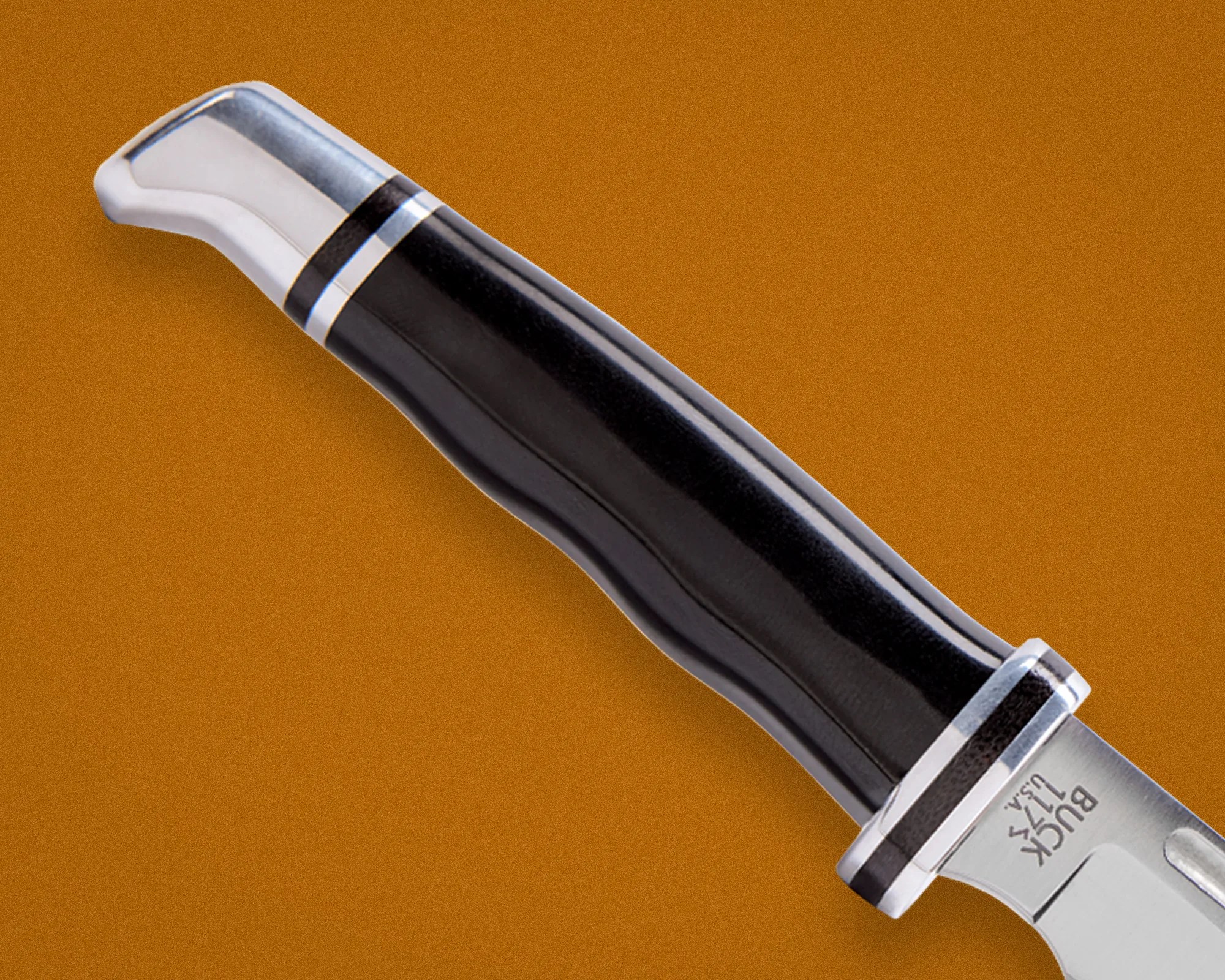 Black polished knife handle with silver metal bolsters and a partial view of the blade marked "BUCK USA.