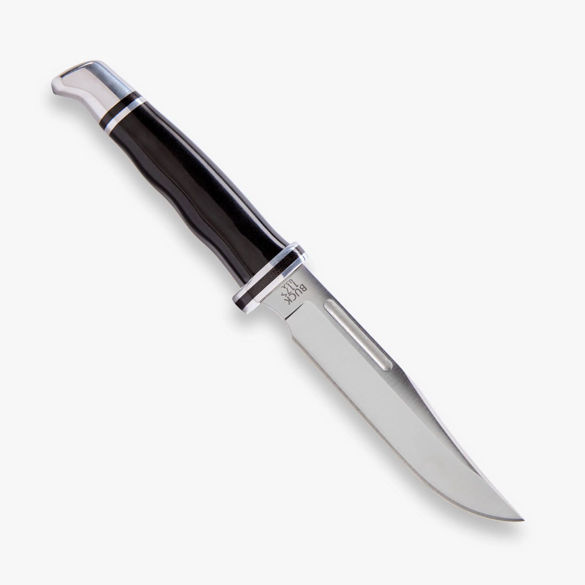Fixed-blade hunting knife with a polished stainless steel blade and black ergonomic handle.