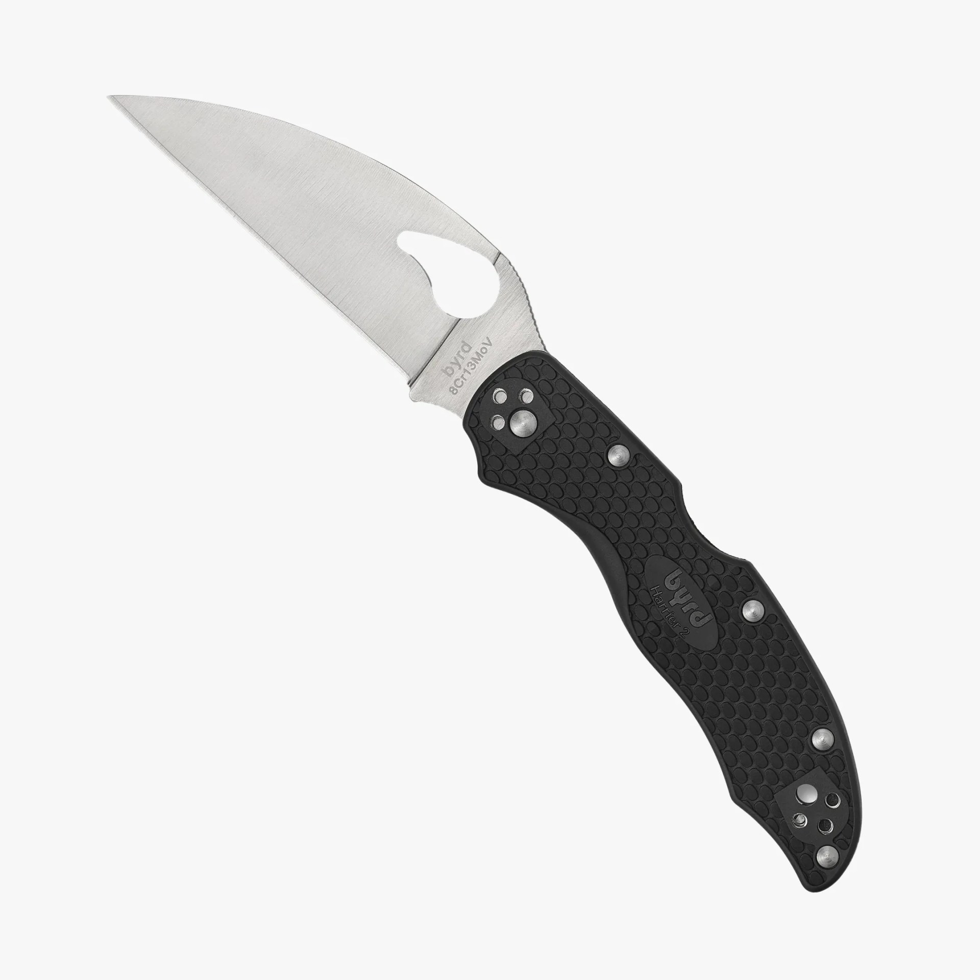 Folding pocket knife with a curved stainless steel blade and black textured handle.