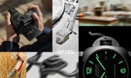 Collage of five images showing a person holding a camera with a flip-out screen, an Audio-Technica GP100 turntable cartridge, a wristwatch with glowing green numerals and hands, a hand holding a bottle of whiskey in a wheat field, and a blurred close-up of a person wearing a smartwatch.