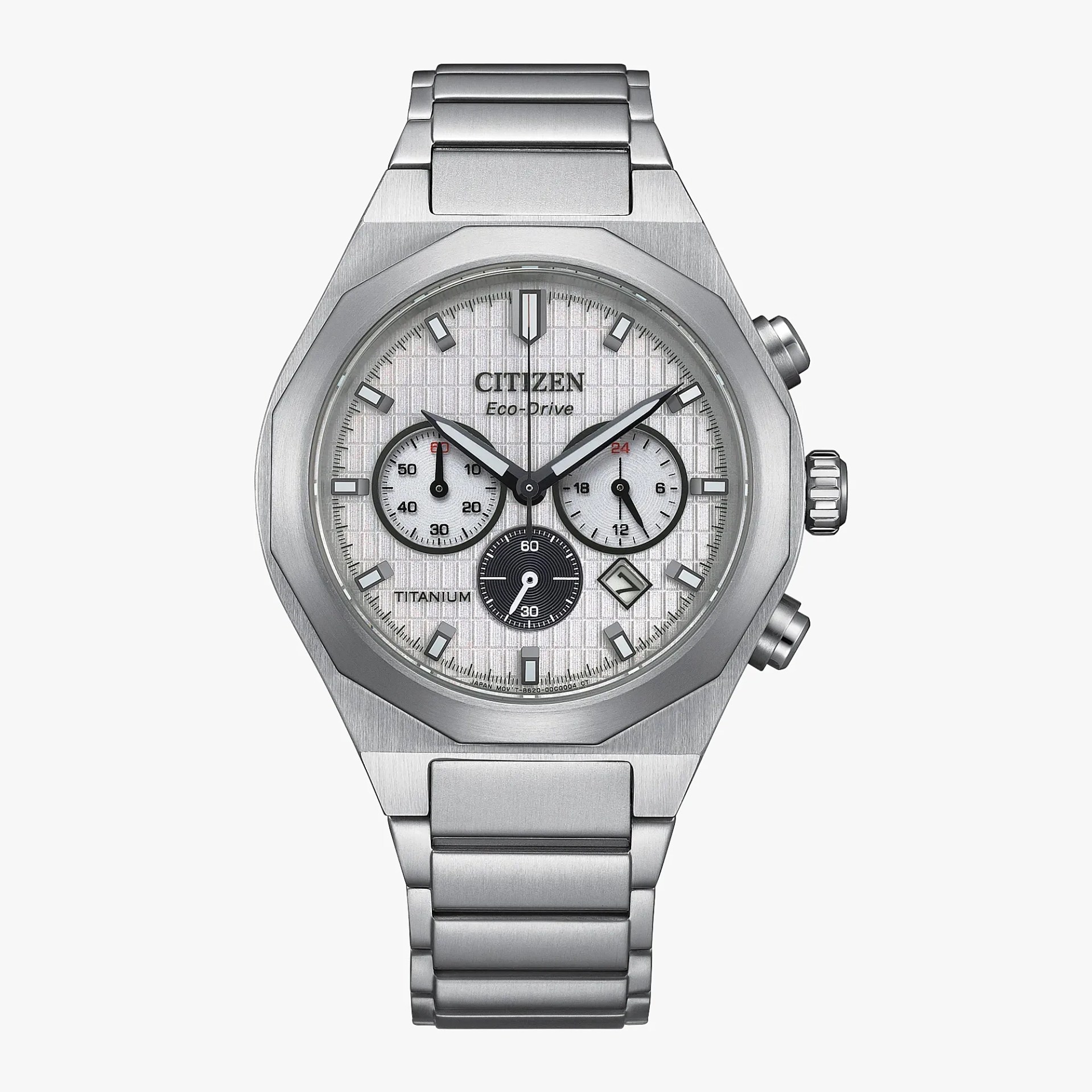 Silver titanium Citizen Eco-Drive chronograph watch with textured white dial and metal bracelet.