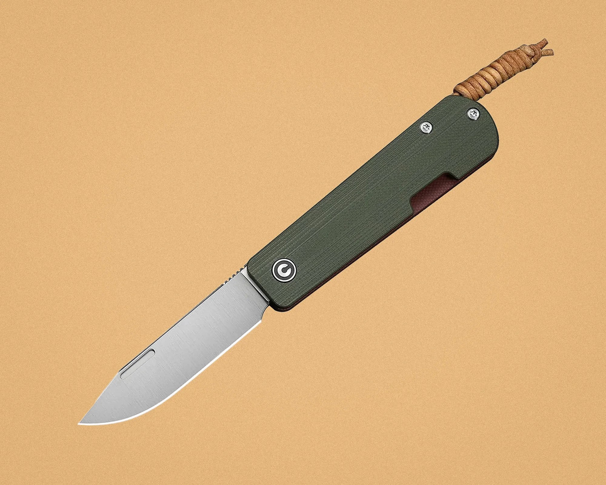 Folding knife with a silver blade and textured dark green handle wrapped with brown cord at the end.