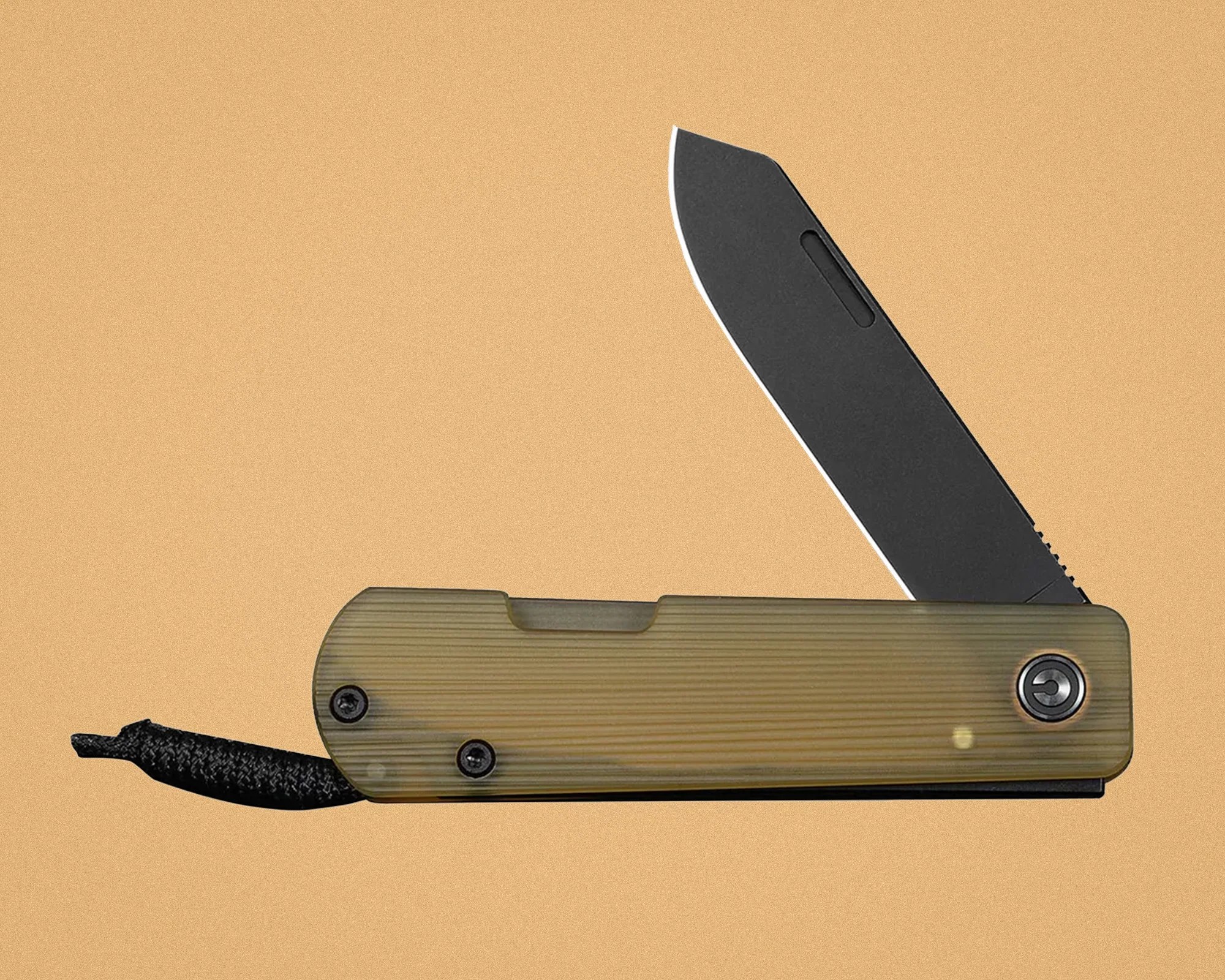 Folding knife with a black blade and translucent olive-green handle with a black lanyard.