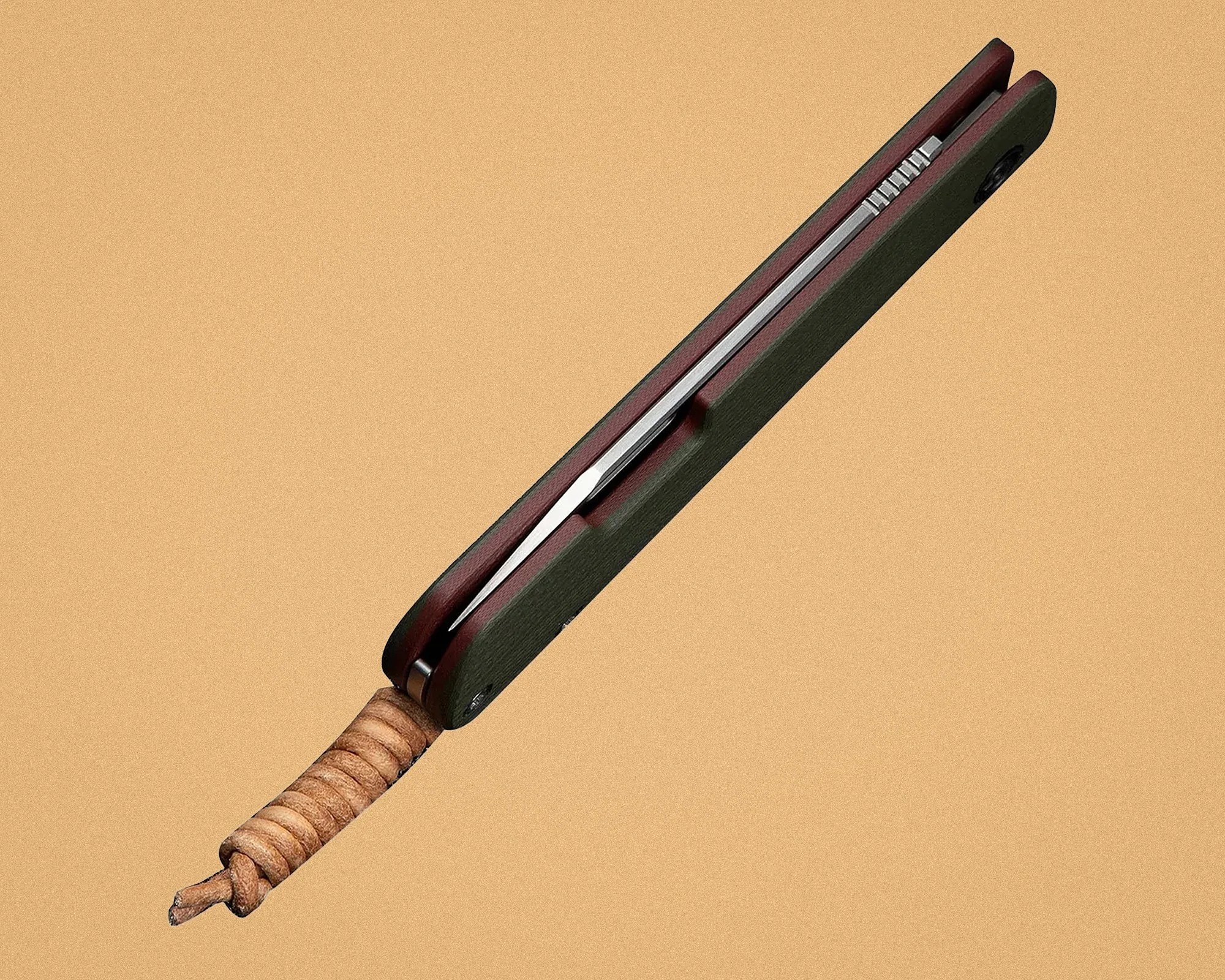 Closed folding knife with dark green handle scales and a leather-wrapped lanyard on a tan background.