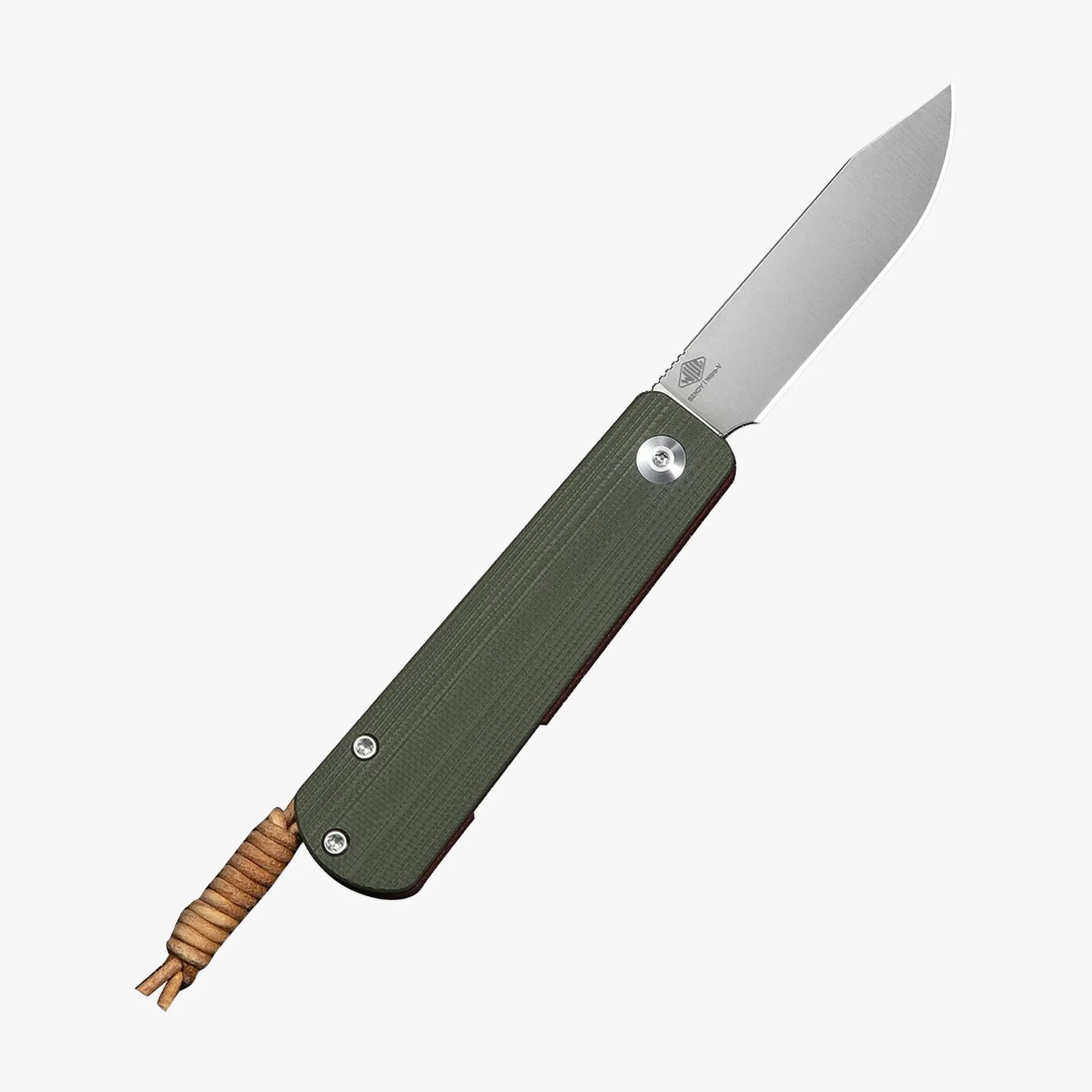 Folding knife with a silver blade, olive green textured handle, and a tan cord lanyard attached.
